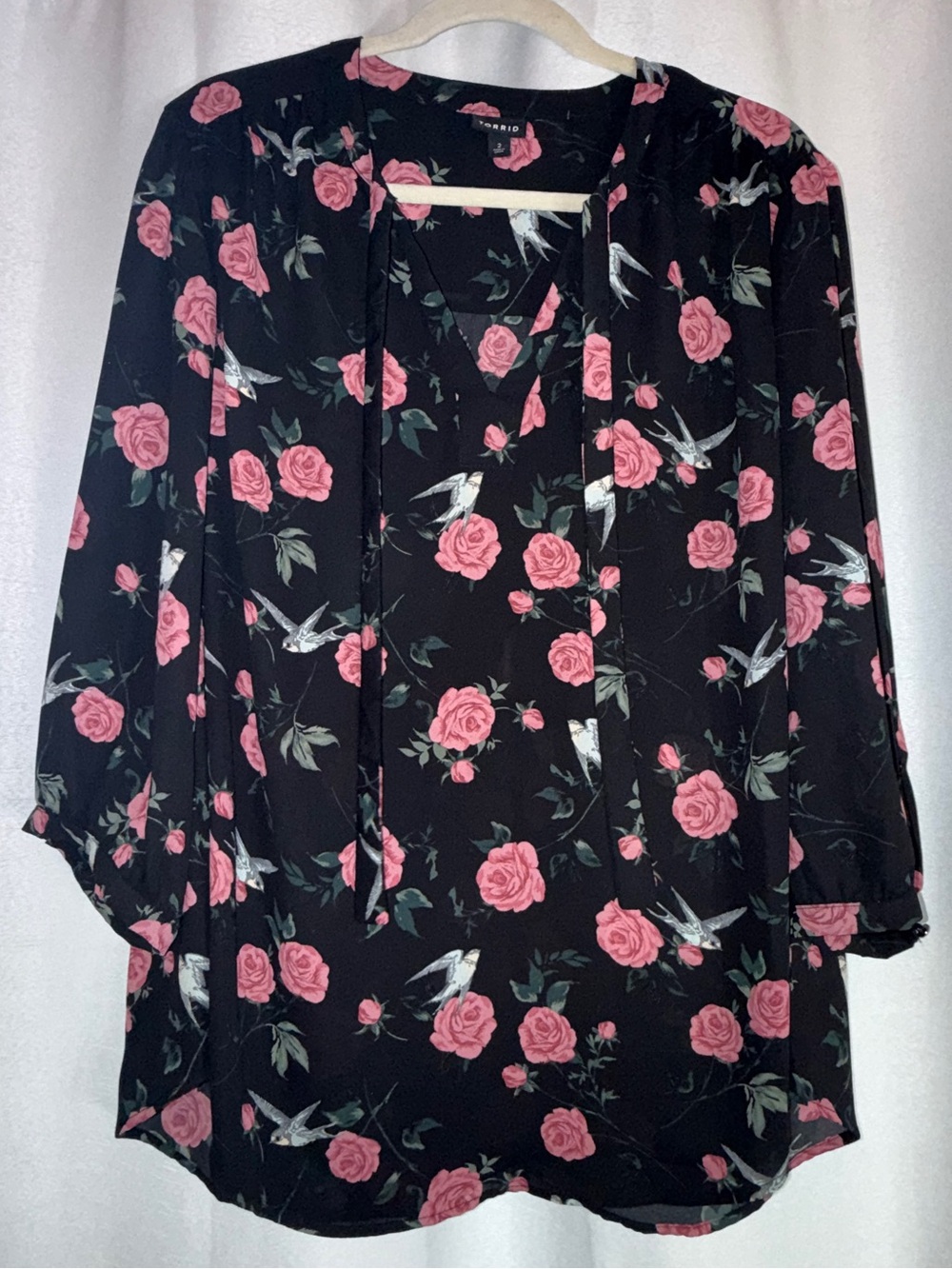 torrid Black Blouse with Birds and Pink Rose Print